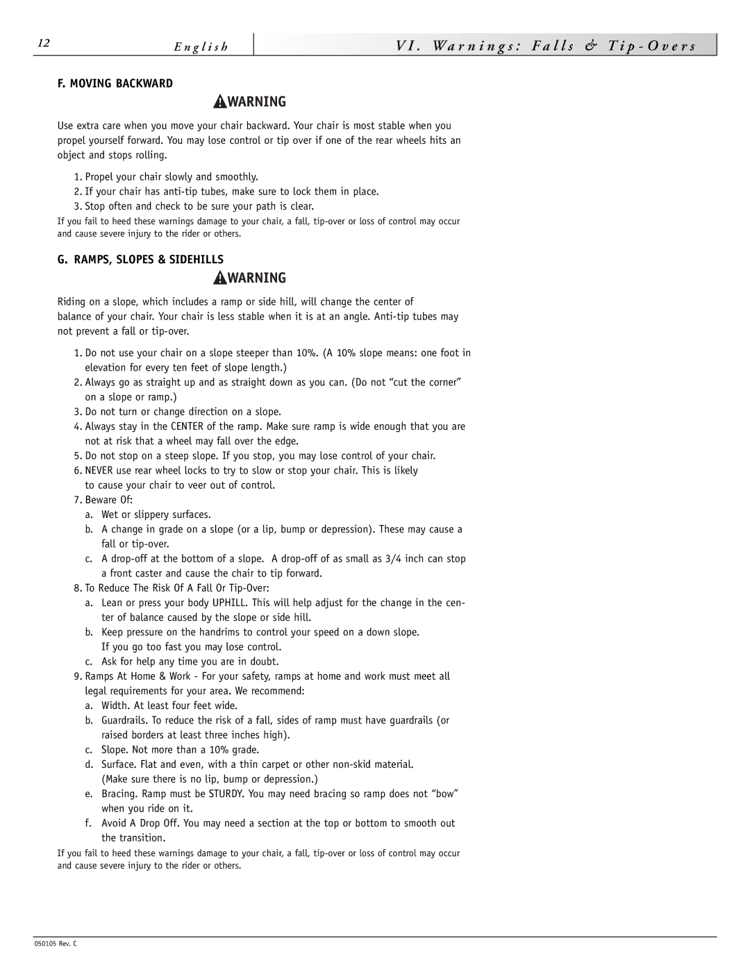 Sunrise Medical GT instruction manual Moving Backward, RAMPS, Slopes & Sidehills 