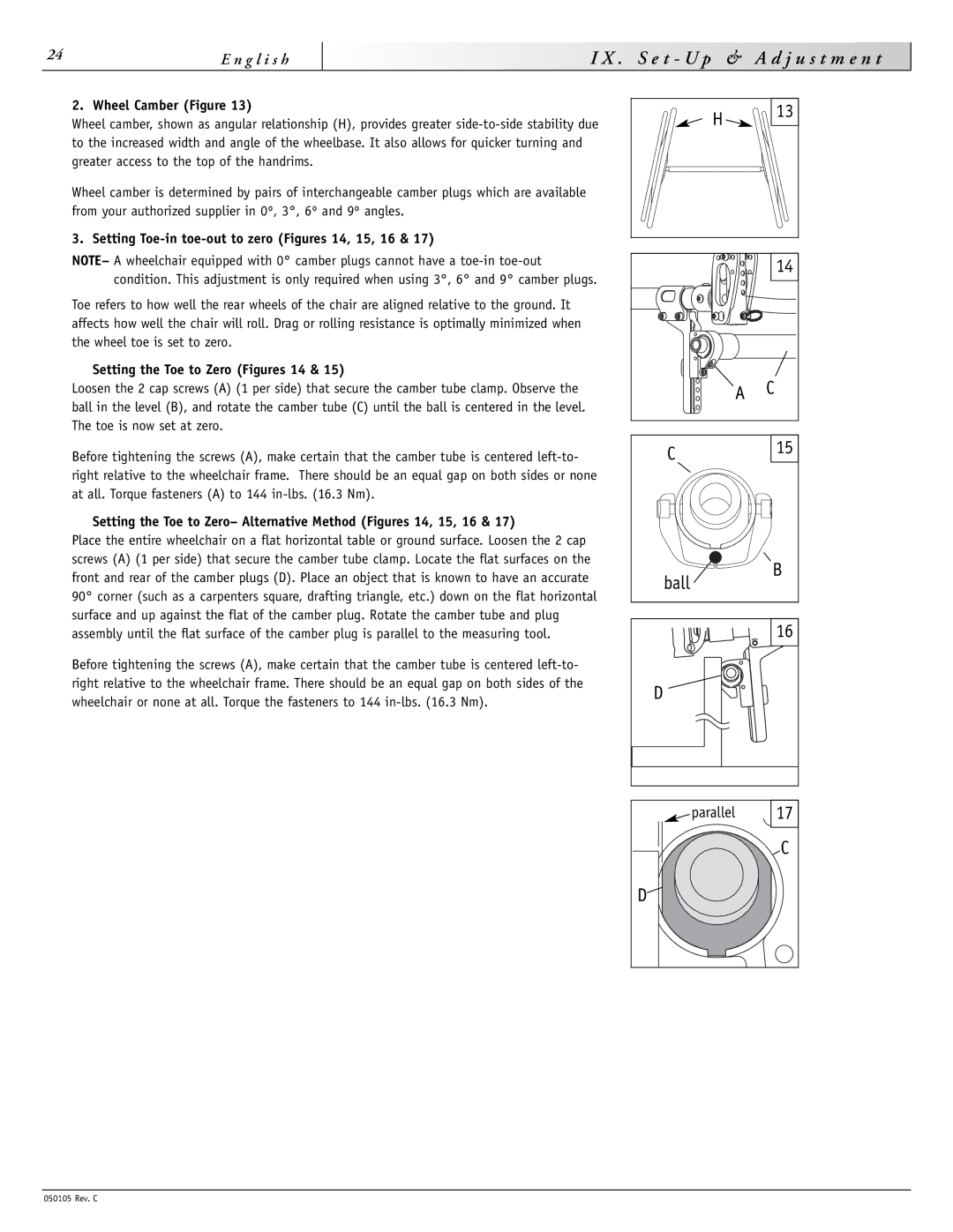 Sunrise Medical GT T U p J u s t m e n t, Wheel Camber Figure, Setting Toe-in toe-out to zero Figures 14, 15, 16 