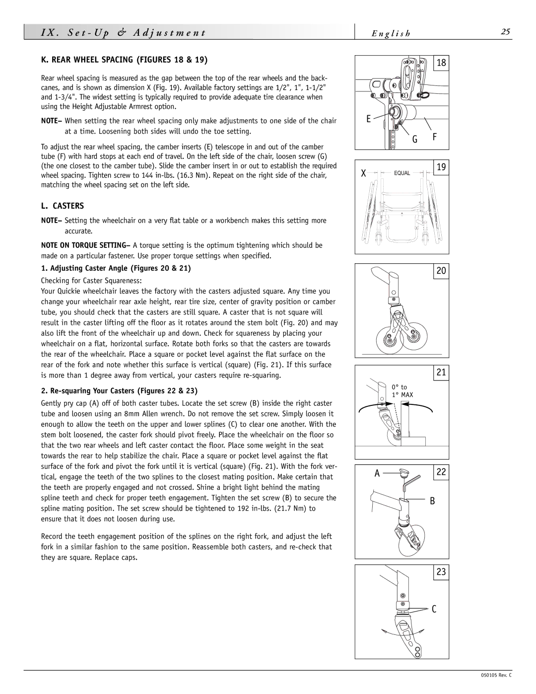 Sunrise Medical GT instruction manual Rear Wheel Spacing Figures 18, Casters, Adjusting Caster Angle Figures 20 