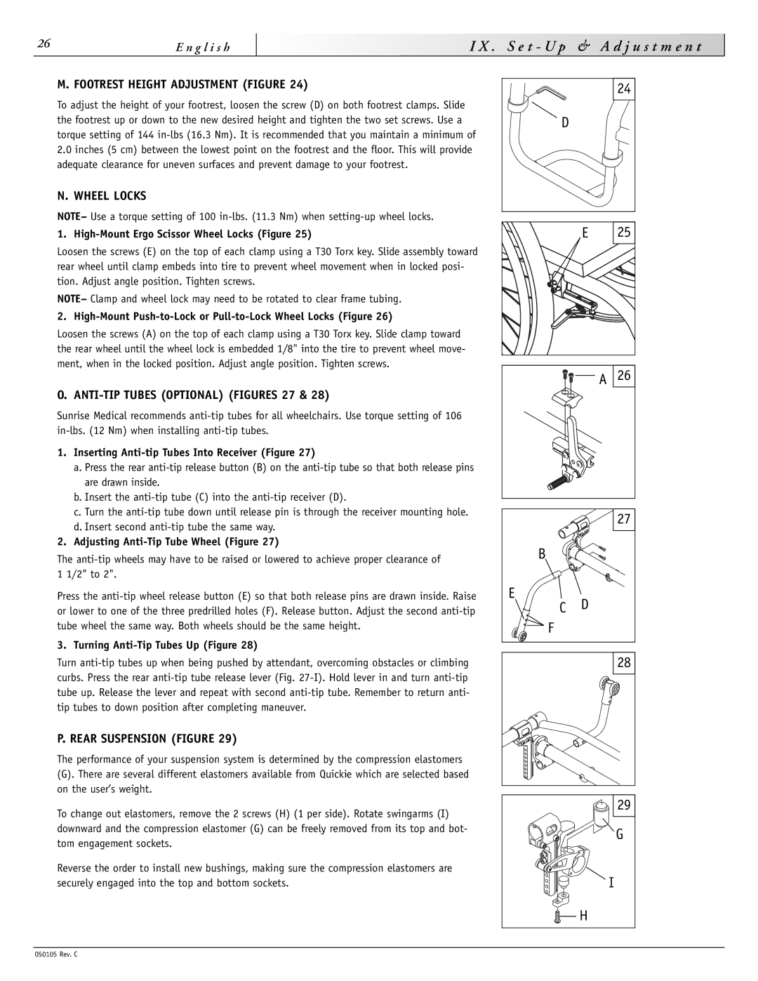 Sunrise Medical GT S e t U p J u s t m e n t, Footrest Height Adjustment Figure, Wheel Locks, Rear Suspension Figure 