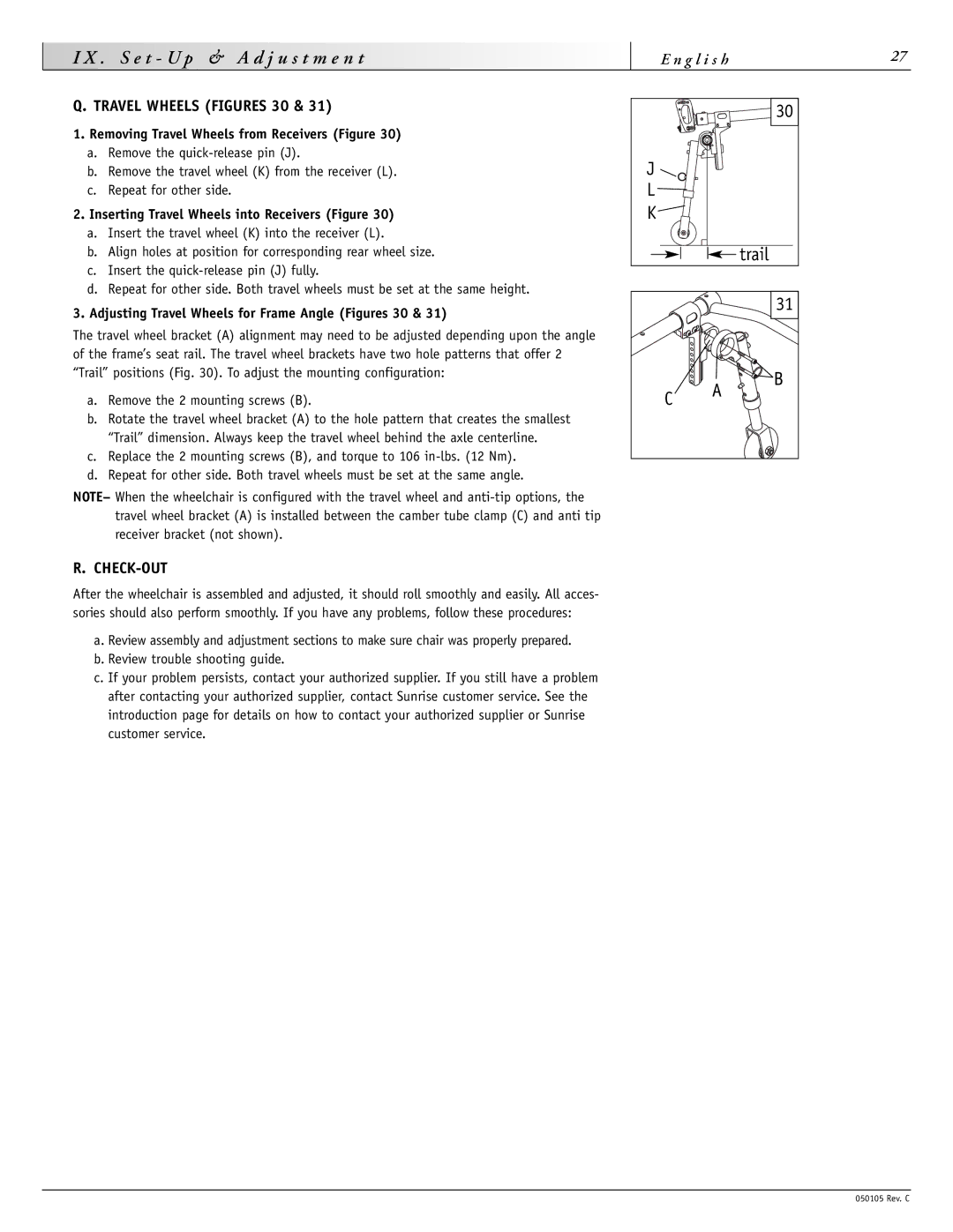 Sunrise Medical GT instruction manual Travel Wheels Figures 30, Check-Out, Removing Travel Wheels from Receivers Figure 