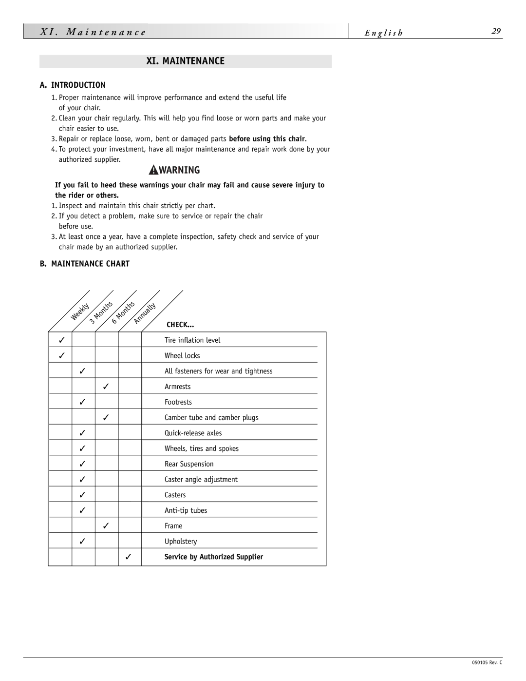 Sunrise Medical GT instruction manual XI. Maintenance, Introduction, Maintenance Chart, Service by Authorized Supplier 