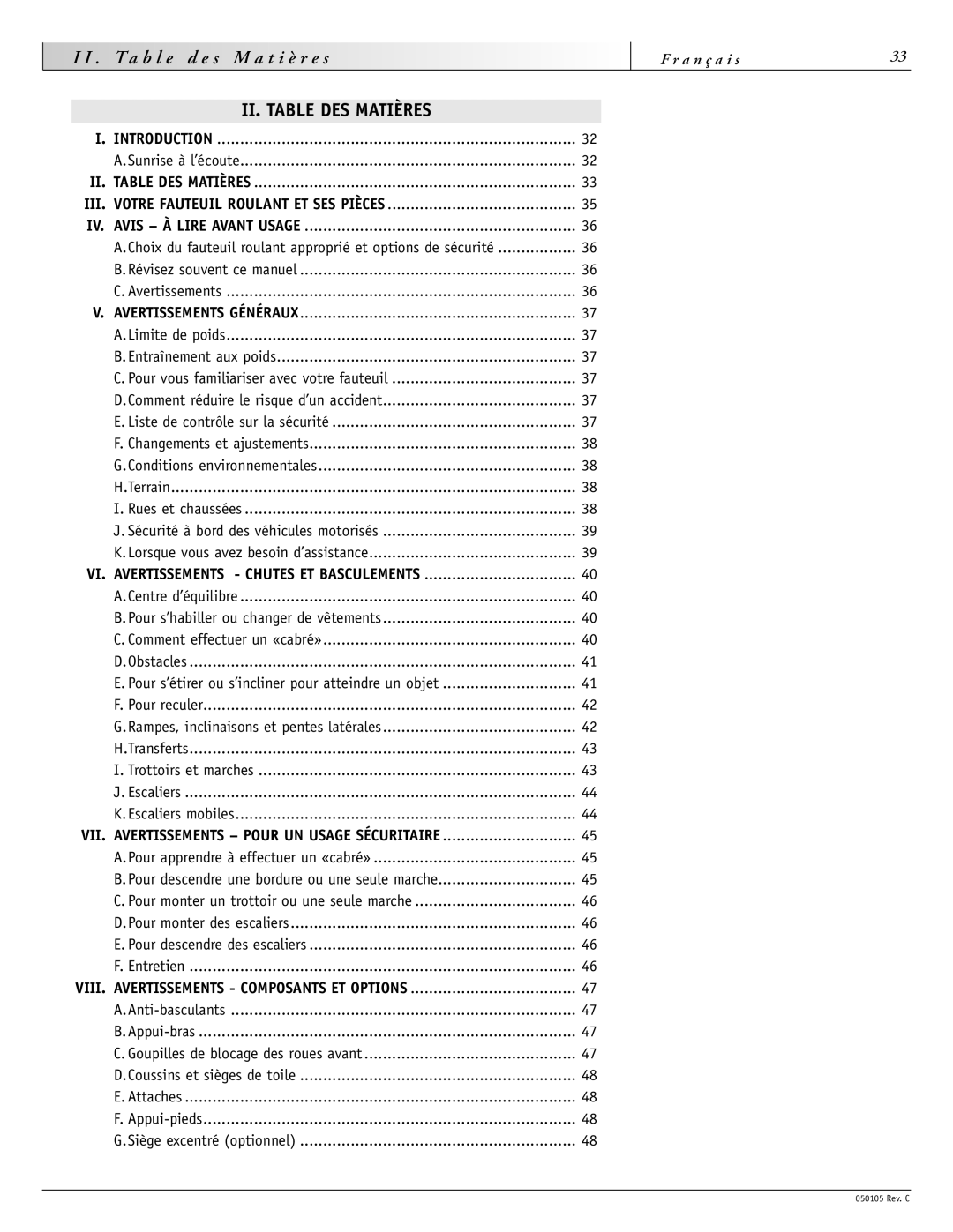 Sunrise Medical GT instruction manual È r e s, II. Table DES Matières 