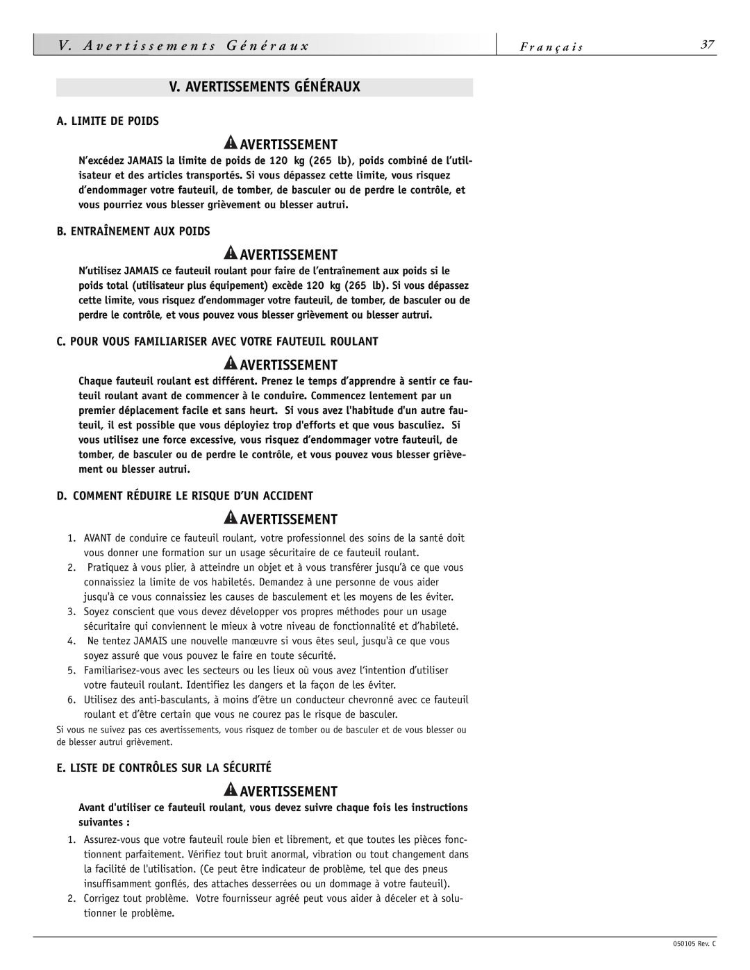 Sunrise Medical GT instruction manual Avertissements Généraux 