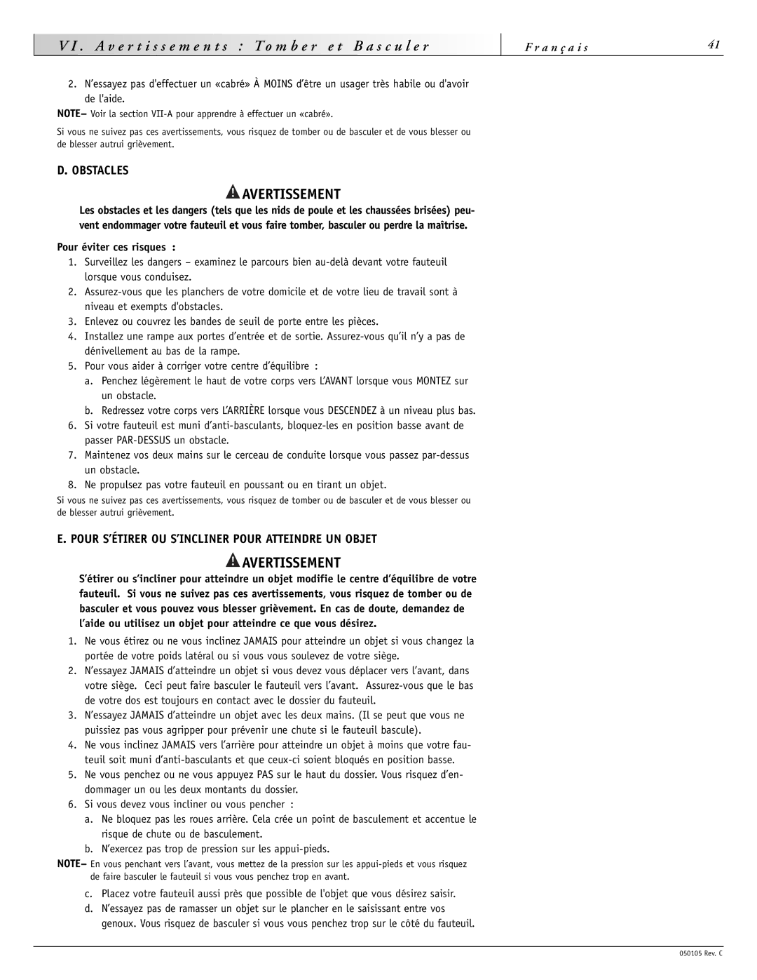 Sunrise Medical GT Obstacles, Pour S’ÉTIRER OU S’INCLINER Pour Atteindre UN Objet, Pour éviter ces risques 