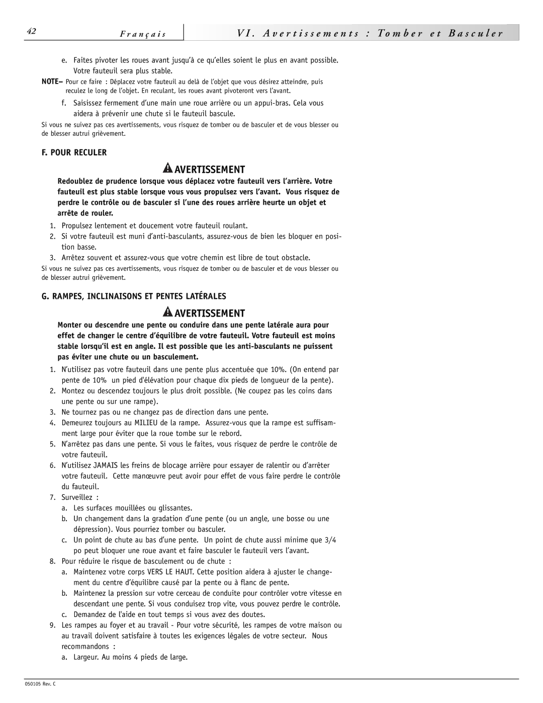 Sunrise Medical GT instruction manual Pour Reculer, RAMPES, Inclinaisons ET Pentes Latérales 