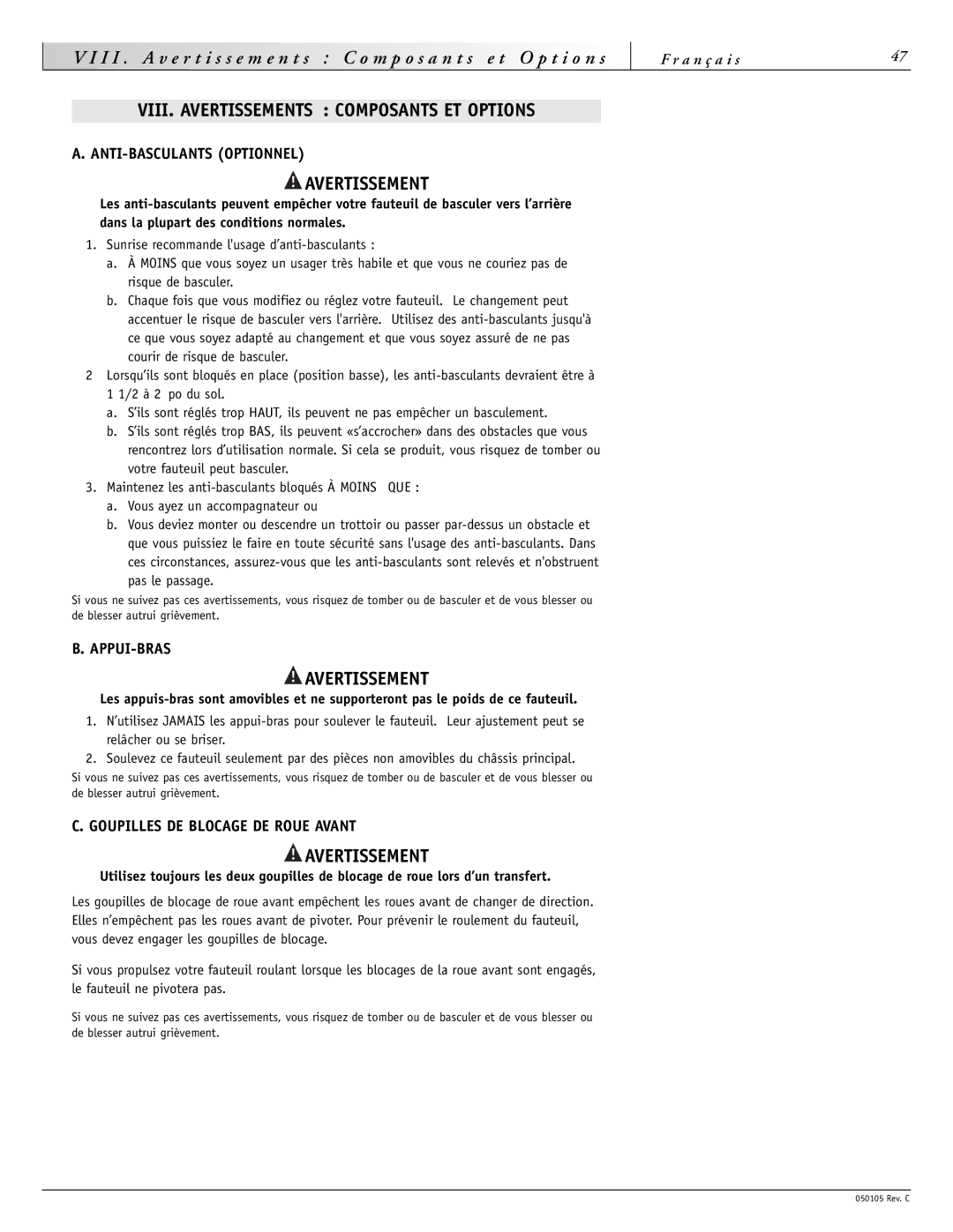 Sunrise Medical GT instruction manual VIII. Avertissements Composants ET Options, ANTI-BASCULANTS Optionnel, Appui-Bras 