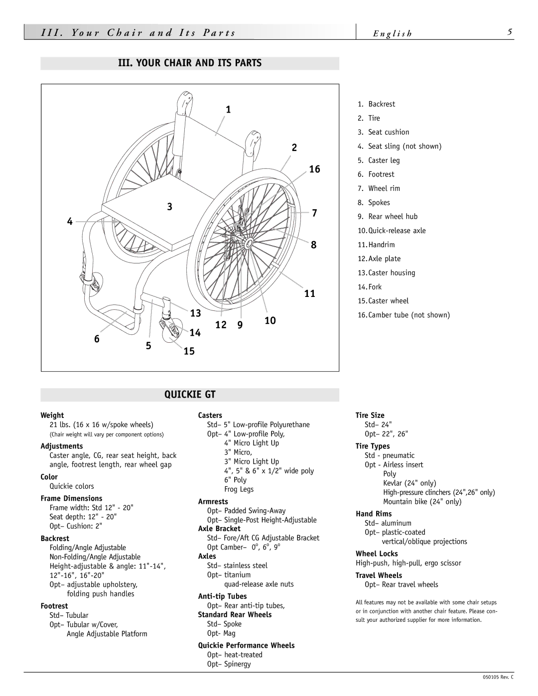 Sunrise Medical instruction manual I . Y o u r, III. Your Chair and ITS Parts, Quickie GT 