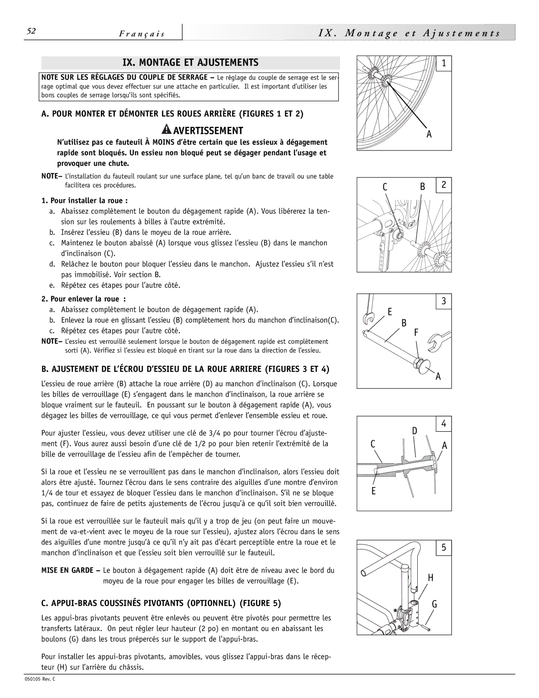 Sunrise Medical GT instruction manual N t a g e U s t e m e n t s, IX. Montage ET Ajustements, Pour enlever la roue 