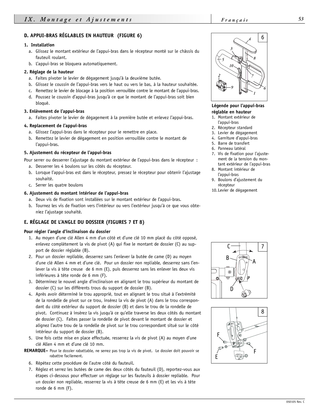 Sunrise Medical GT instruction manual APPUI-BRAS Réglables EN Hauteur Figure, Réglage DE L’ANGLE DU Dossier Figures 7 ET 