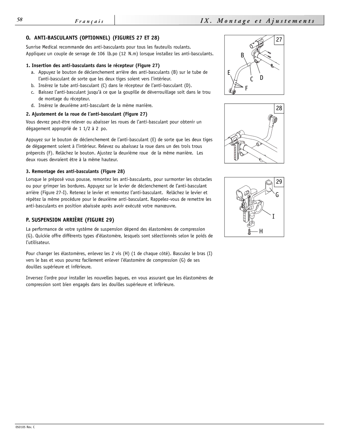 Sunrise Medical GT instruction manual ANTI-BASCULANTS Optionnel Figures 27 ET, Suspension Arrière Figure 