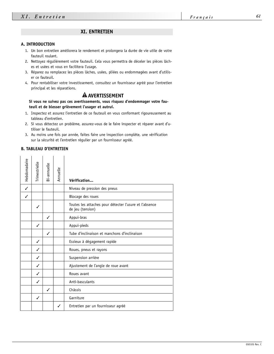 Sunrise Medical GT T r e t i e n, XI. Entretien, Tableau D’ENTRETIEN, Hebdomadaire Trimestrielle Bi-annuelle Annuelle 