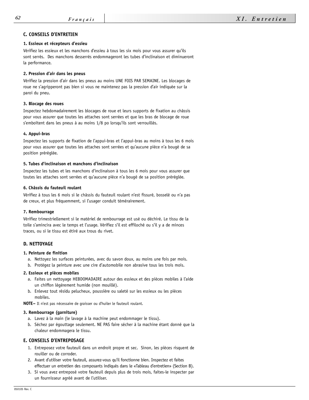 Sunrise Medical GT instruction manual Conseils D’ENTRETIEN, Nettoyage, Conseils D’ENTREPOSAGE 