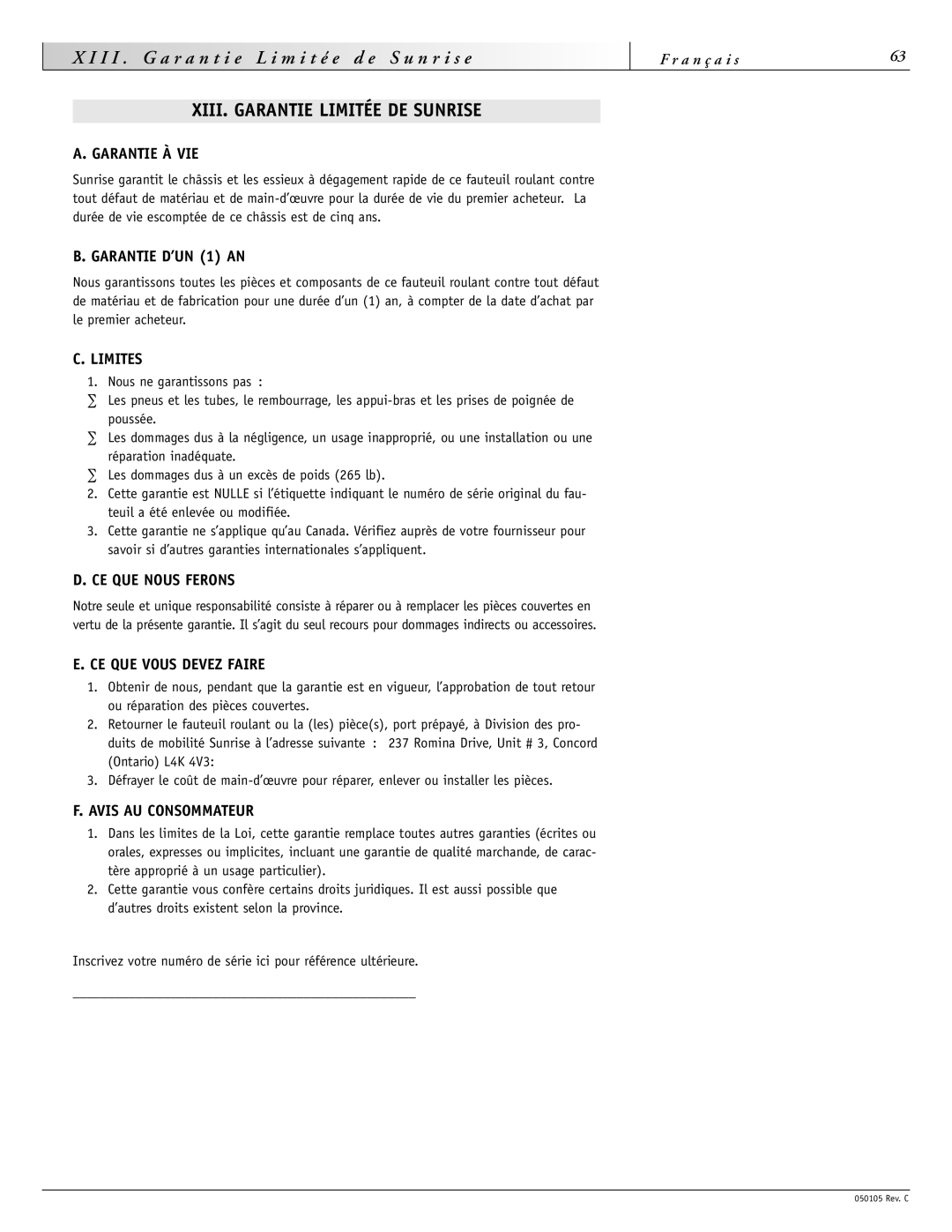 Sunrise Medical GT instruction manual T é e, XIII. Garantie Limitée DE Sunrise 