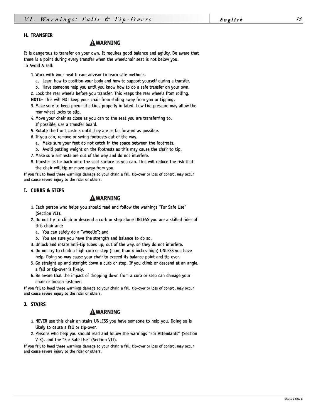 Sunrise Medical GT instruction manual H. Transfer, I. Curbs & Steps, J. Stairs, W a r, v e r s 