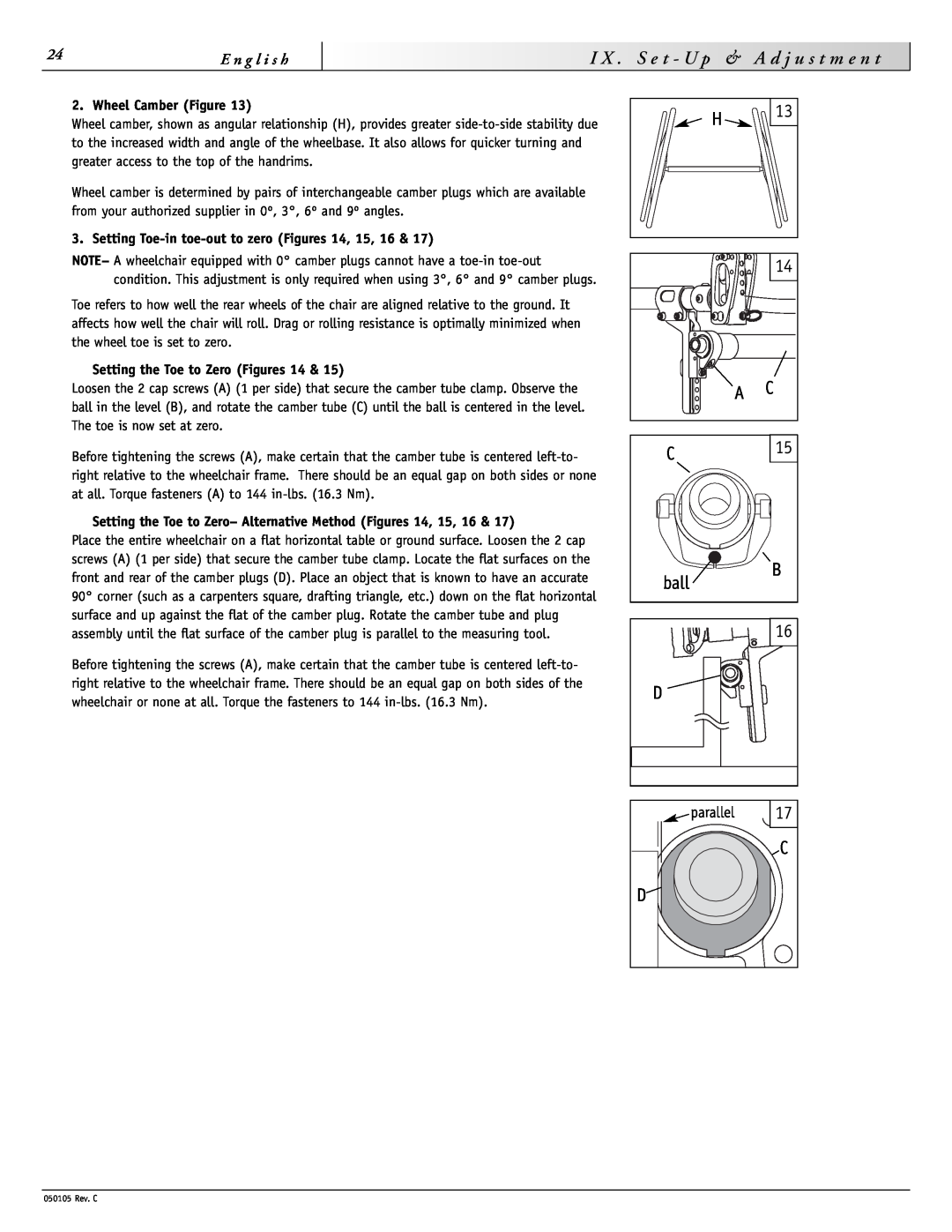 Sunrise Medical GT instruction manual ball, S e t - U p, A d j u s t m e n t, E n g l i s h, Wheel Camber Figure 
