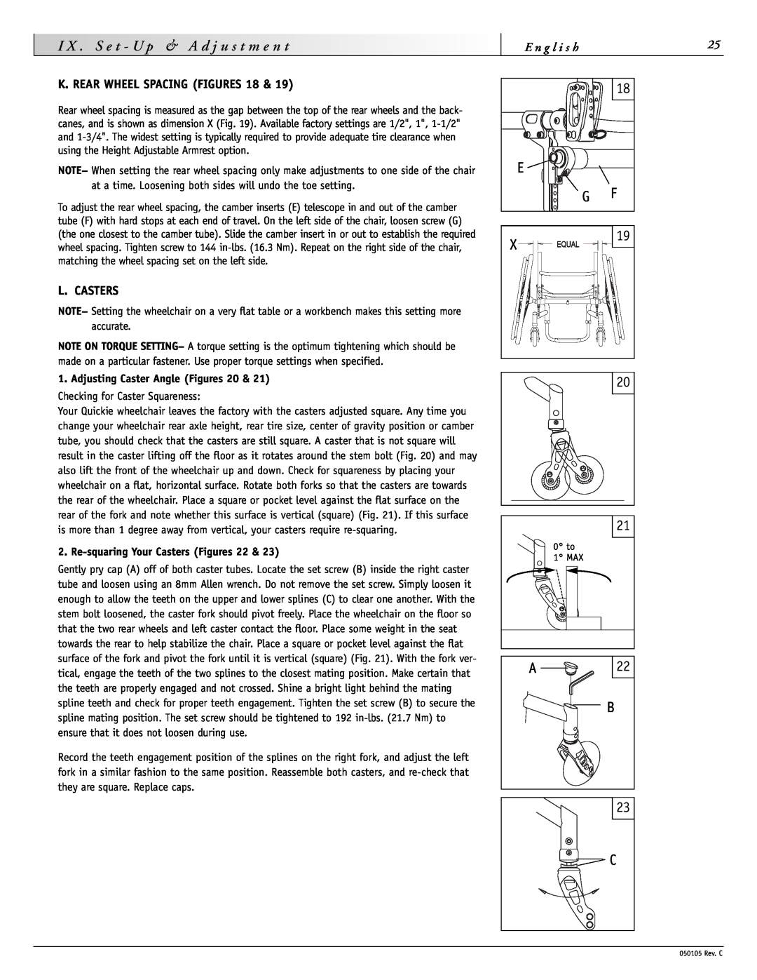 Sunrise Medical GT instruction manual K. REAR WHEEL SPACING FIGURES 18, L. Casters, Adjusting Caster Angle Figures 20 