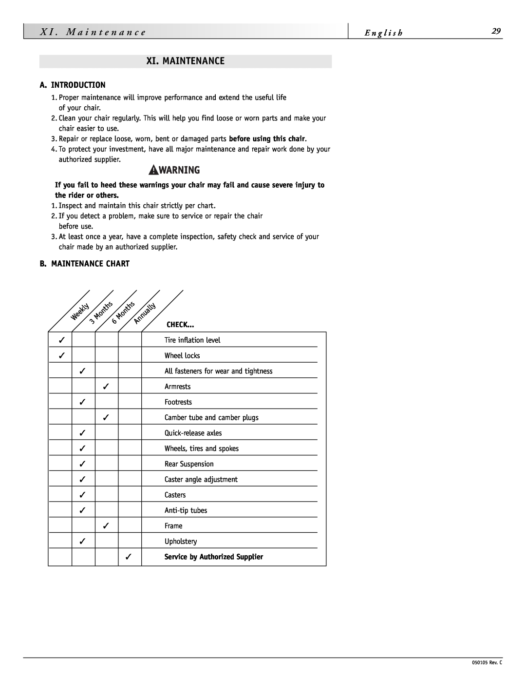 Sunrise Medical GT instruction manual Xi. Maintenance, A. Introduction, B. Maintenance Chart, n c e, E n g l i s h, Check 