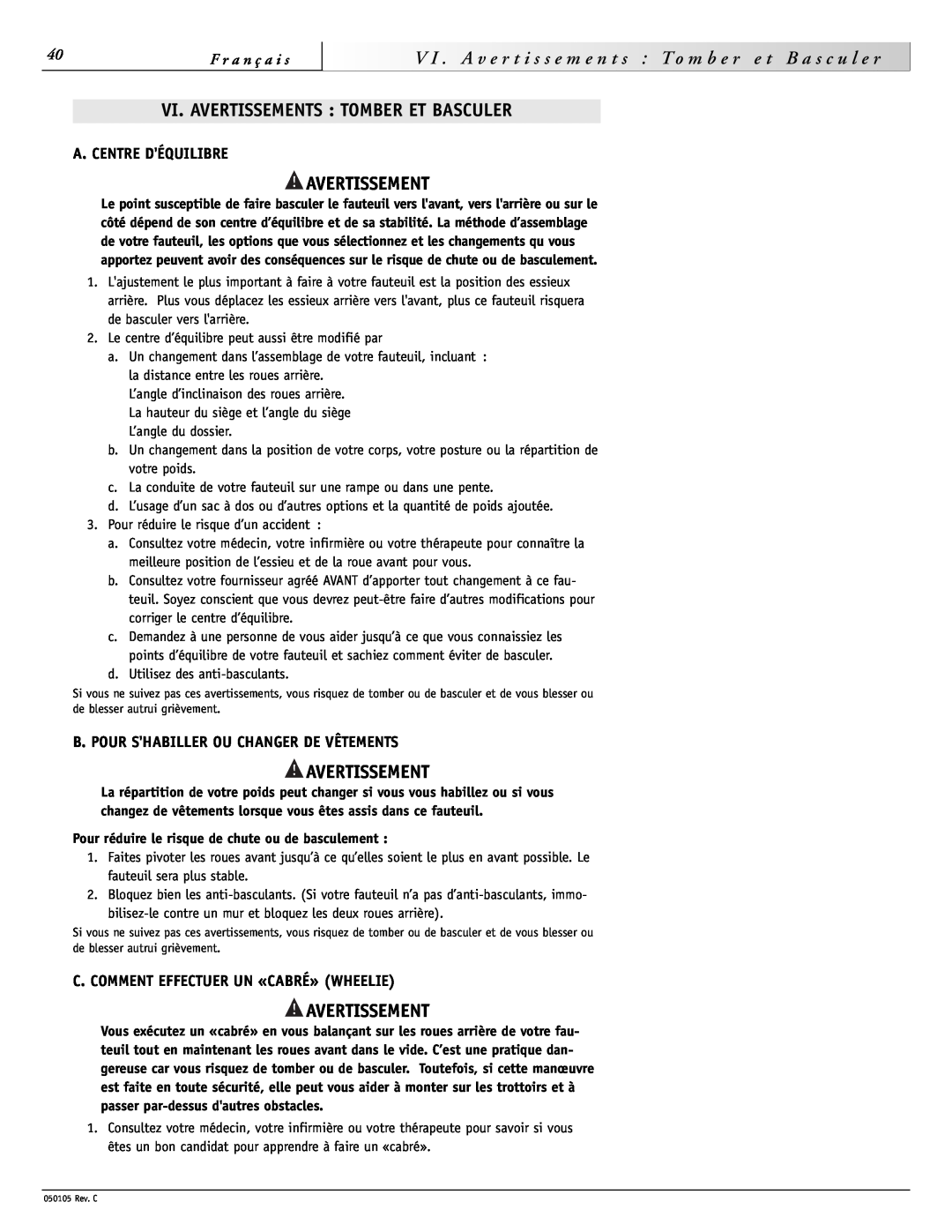 Sunrise Medical GT instruction manual Vi. Avertissements Tomber Et Basculer, A v e, u l e r 