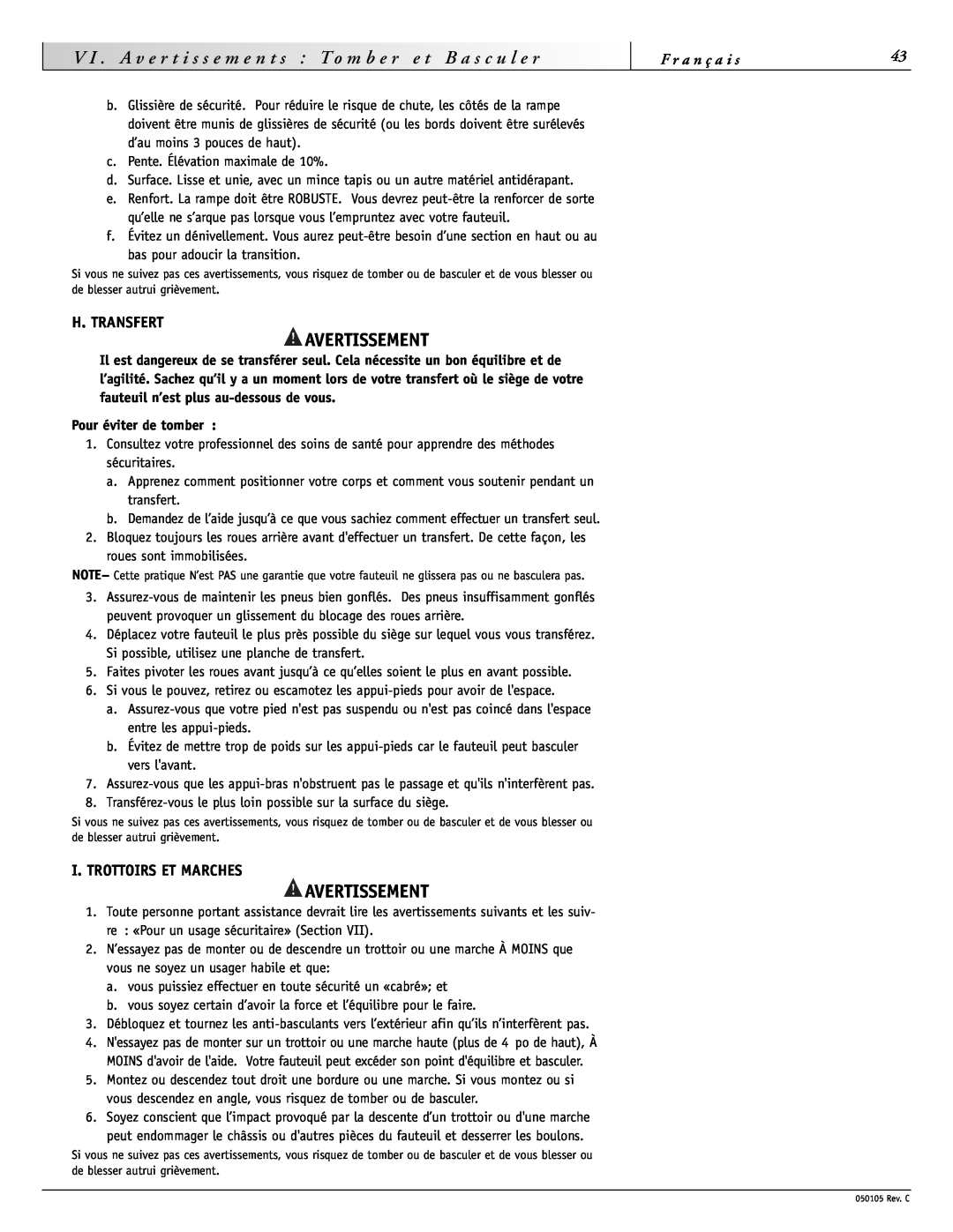 Sunrise Medical GT instruction manual H. Transfert, I. Trottoirs Et Marches, b e r, Avertissement, Pour éviter de tomber 
