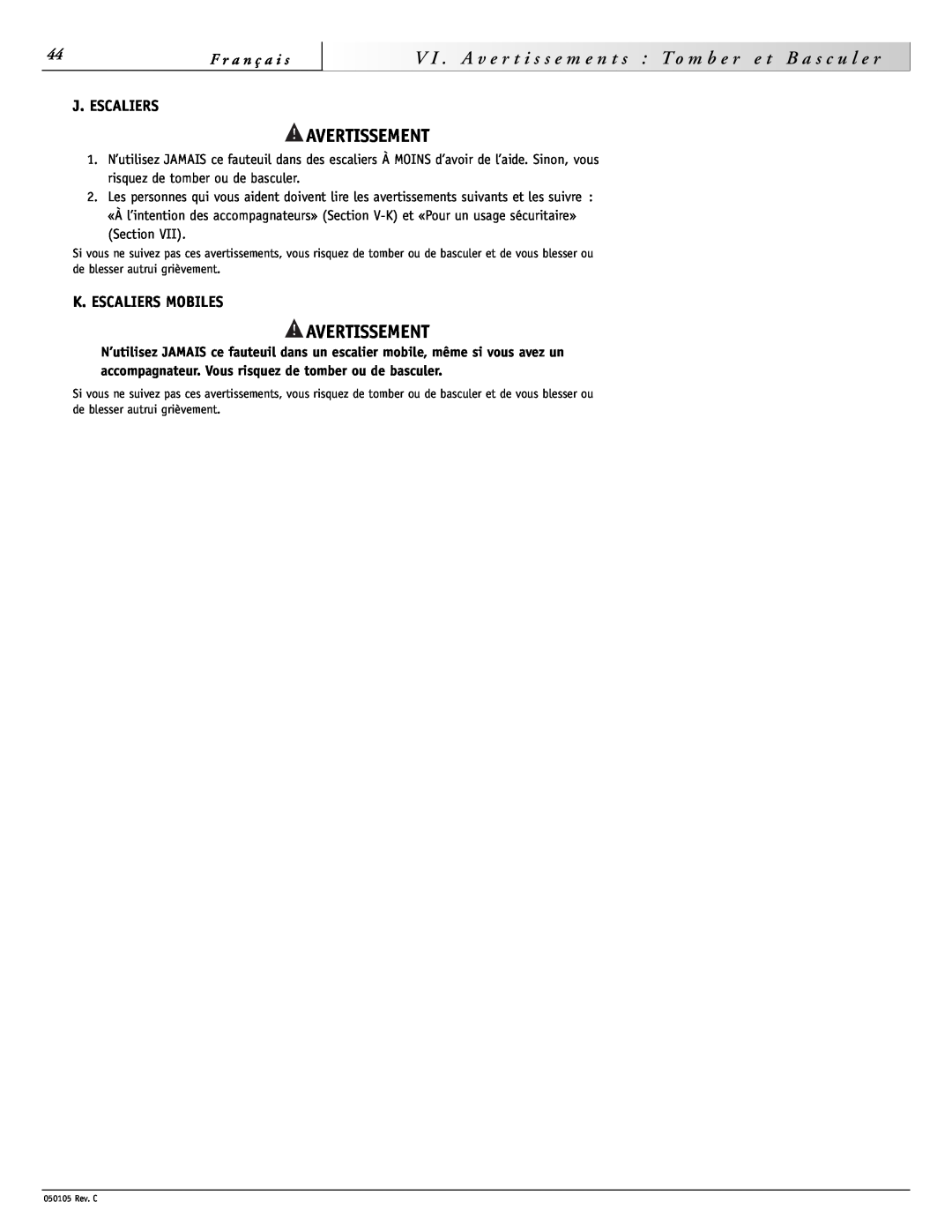 Sunrise Medical GT instruction manual J. Escaliers, K. Escaliers Mobiles, A v e, u l e r, Avertissement 