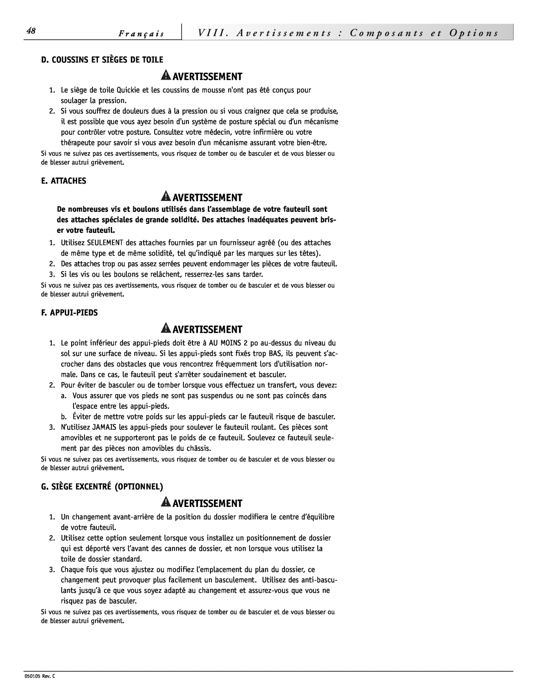 Sunrise Medical GT instruction manual n t s, p o s a, Avertissement 