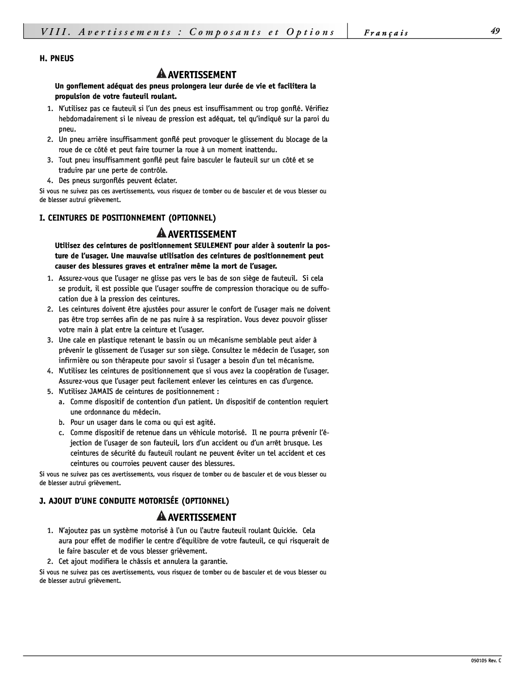 Sunrise Medical GT instruction manual V I I, t i o, Avertissement 