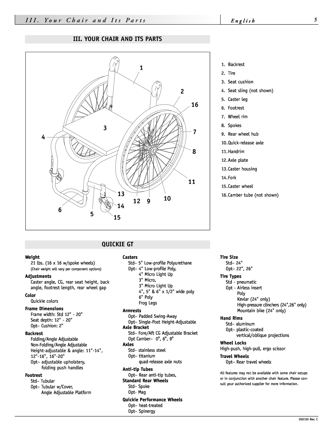 Sunrise Medical GT instruction manual Iii. Your Chair And Its Parts, Quickie Gt, I I I . Y o u r 