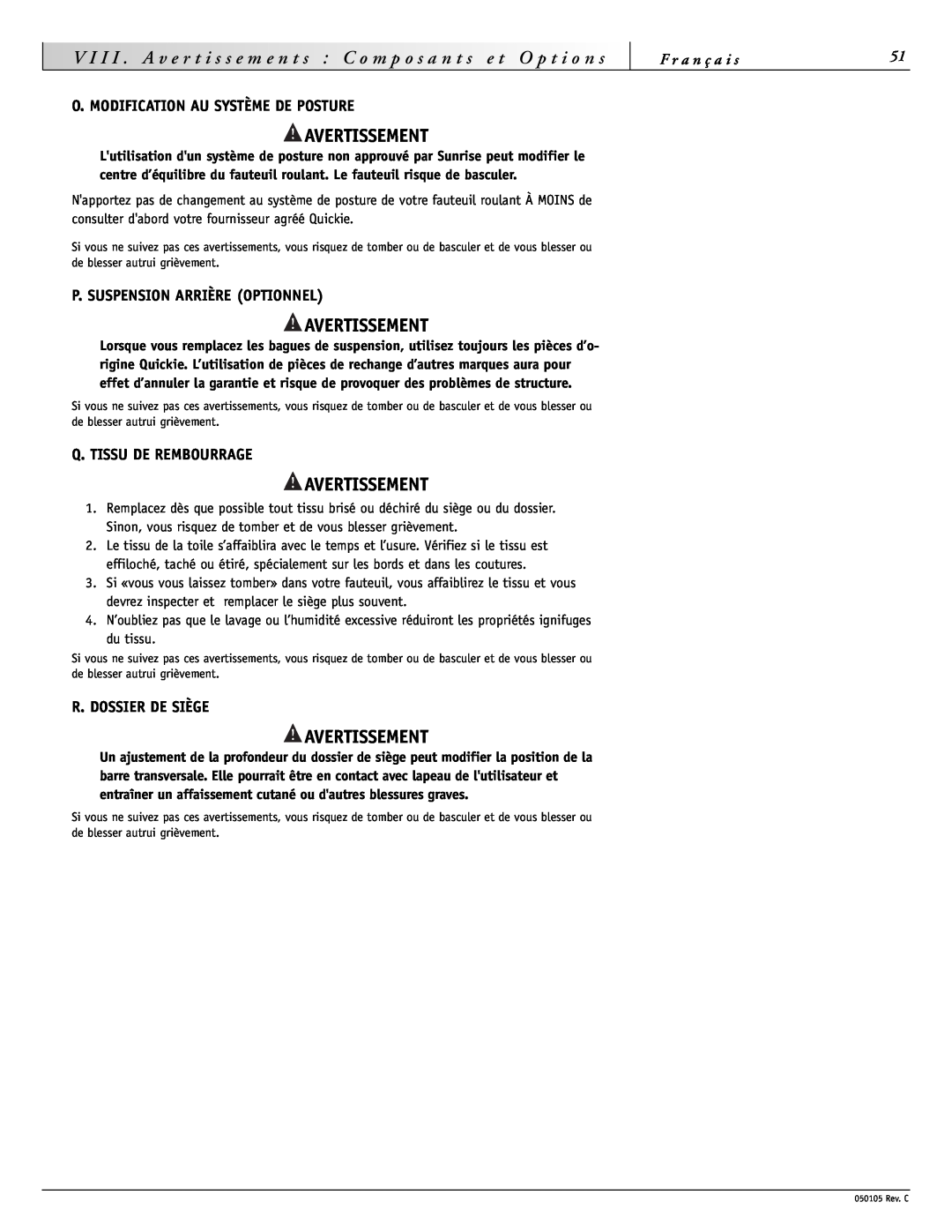 Sunrise Medical GT instruction manual t i o, Avertissement 