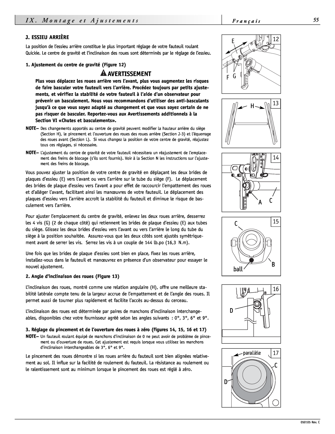 Sunrise Medical GT instruction manual J. Essieu Arrière, Avertissement, parallèle 