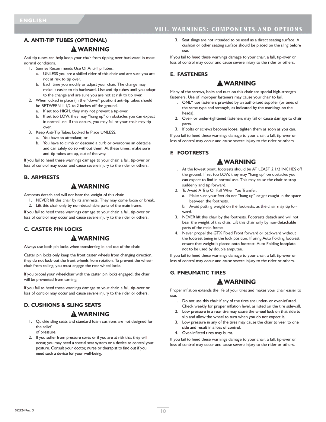 Sunrise Medical GTX owner manual Viii . Warnings Components and Options 