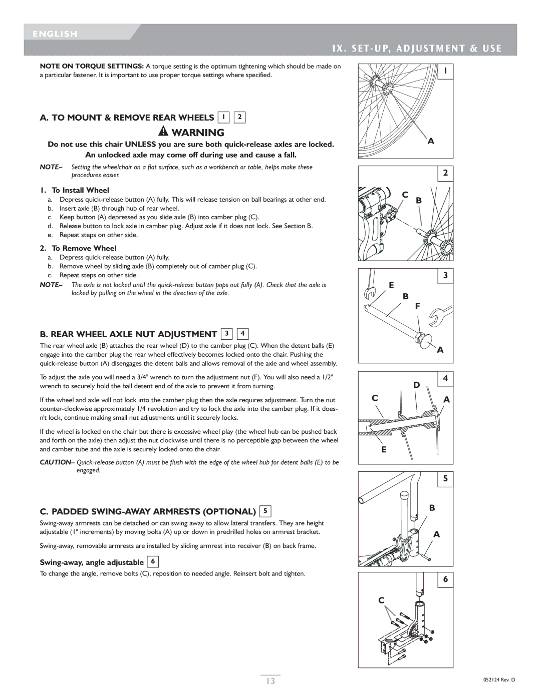 Sunrise Medical GTX IX . SET- UP, Adjustment & USE, To Mount & Remove Rear Wheels 1, Rear Wheel Axle NUT Adjustment 3 