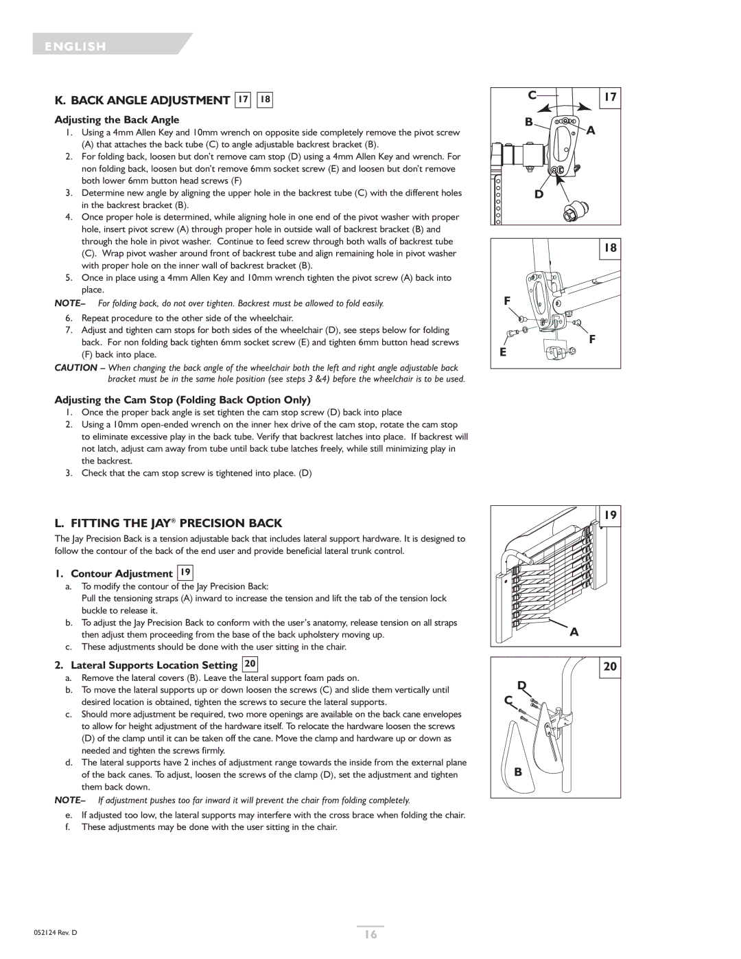 Sunrise Medical GTX owner manual Back Angle Adjustment 17, Fitting the JAY Precision Back 