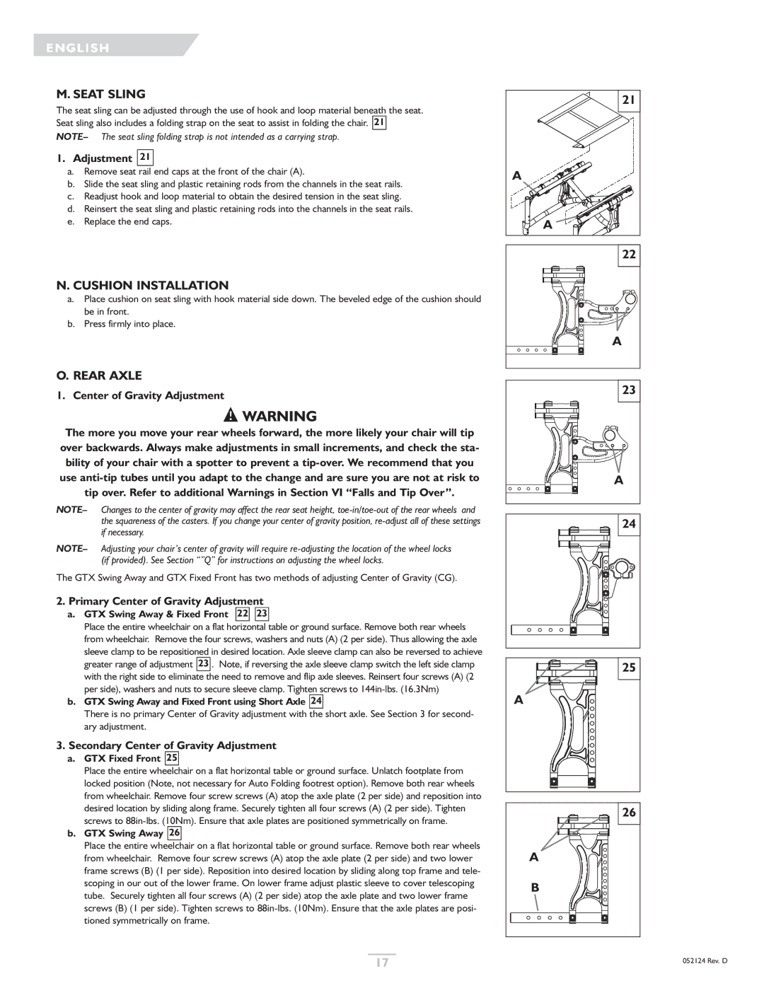 Sunrise Medical GTX owner manual Seat Sling, Cushion Installation, Rear Axle 