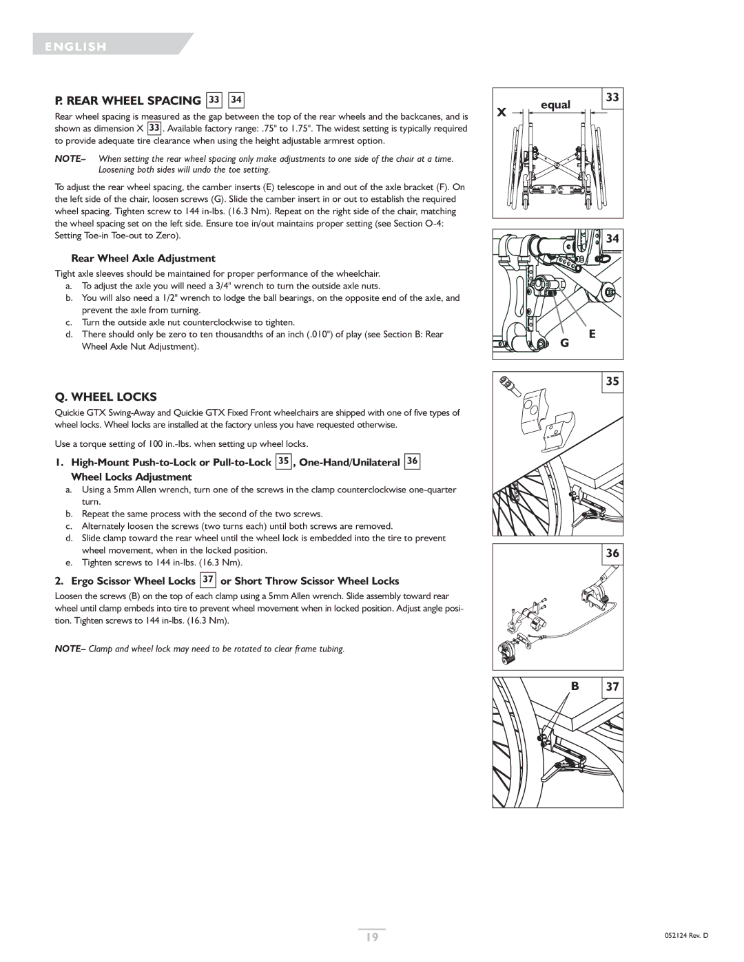 Sunrise Medical GTX owner manual Rear Wheel Spacing 33, Wheel Locks, Rear Wheel Axle Adjustment 