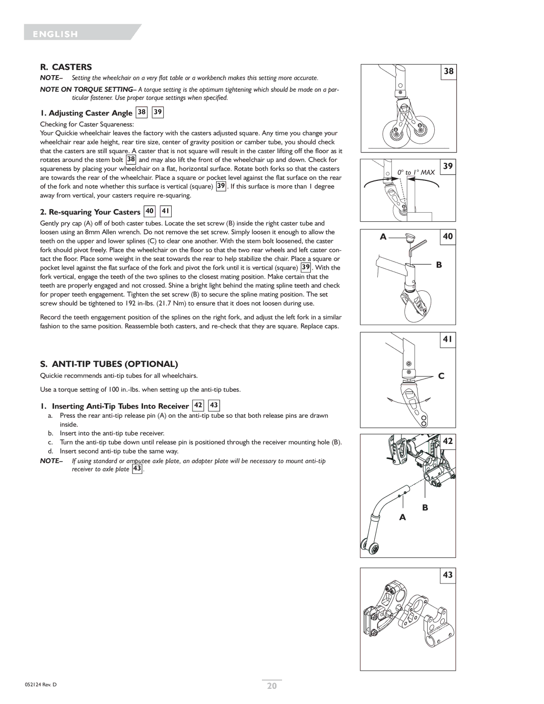 Sunrise Medical GTX Adjusting Caster Angle 38, Re-squaring Your Casters 40, Inserting Anti-Tip Tubes Into Receiver 42 