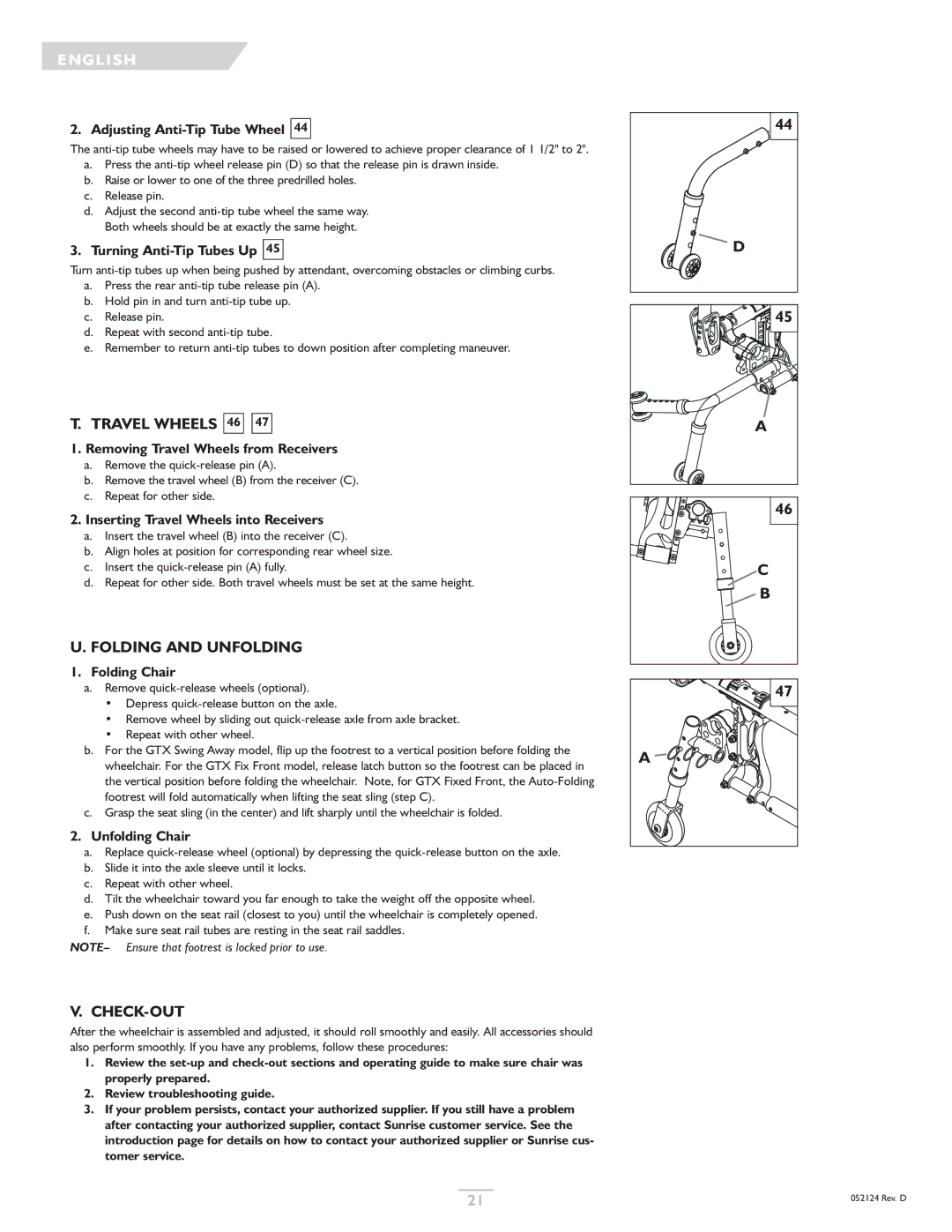 Sunrise Medical GTX owner manual Travel Wheels 46, Folding and Unfolding, Check-Out 