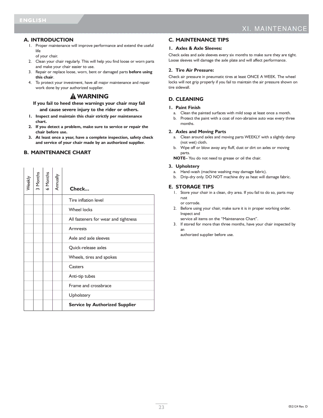 Sunrise Medical GTX owner manual XI . Maintenance 