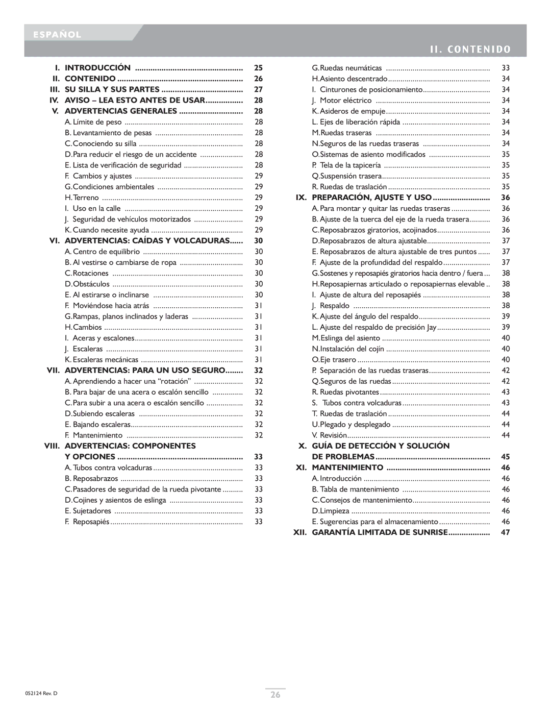 Sunrise Medical GTX owner manual II . Contenido 