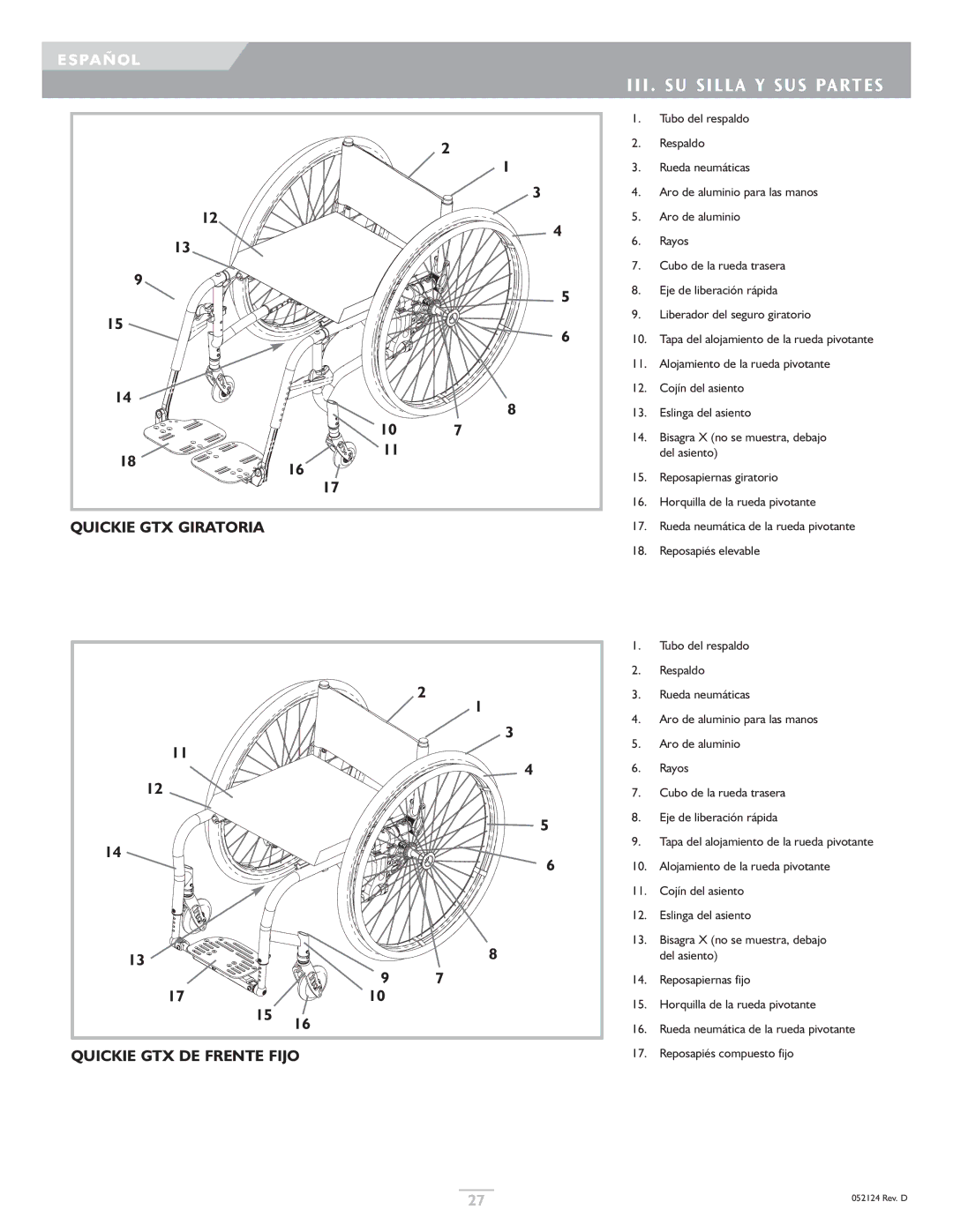 Sunrise Medical owner manual III . SU Sill a Y SUS Partes, Quickie GTX Giratoria Quickie GTX DE Frente Fijo 