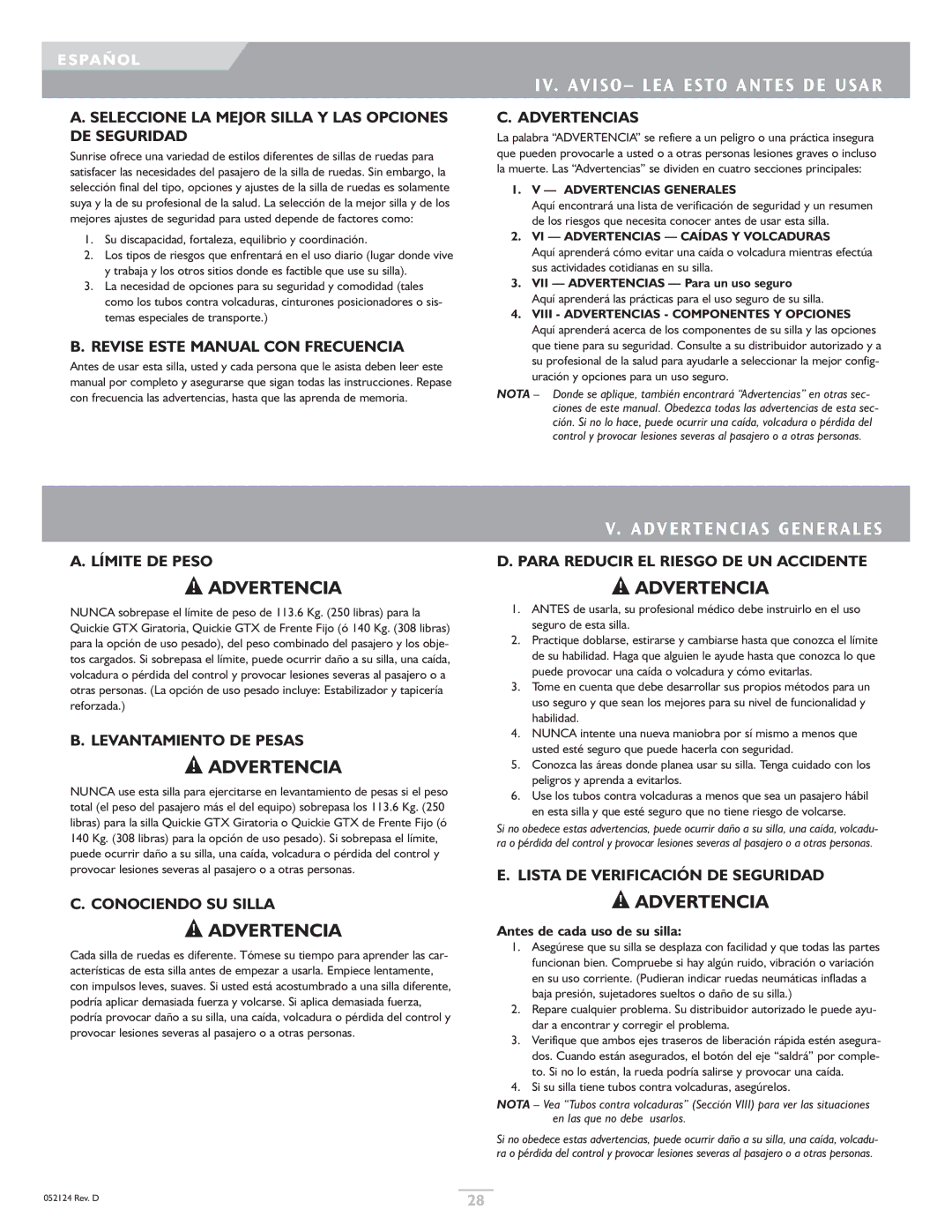 Sunrise Medical GTX owner manual IV. Aviso LEA Esto Antes DE Usar, Advertencias Generales 