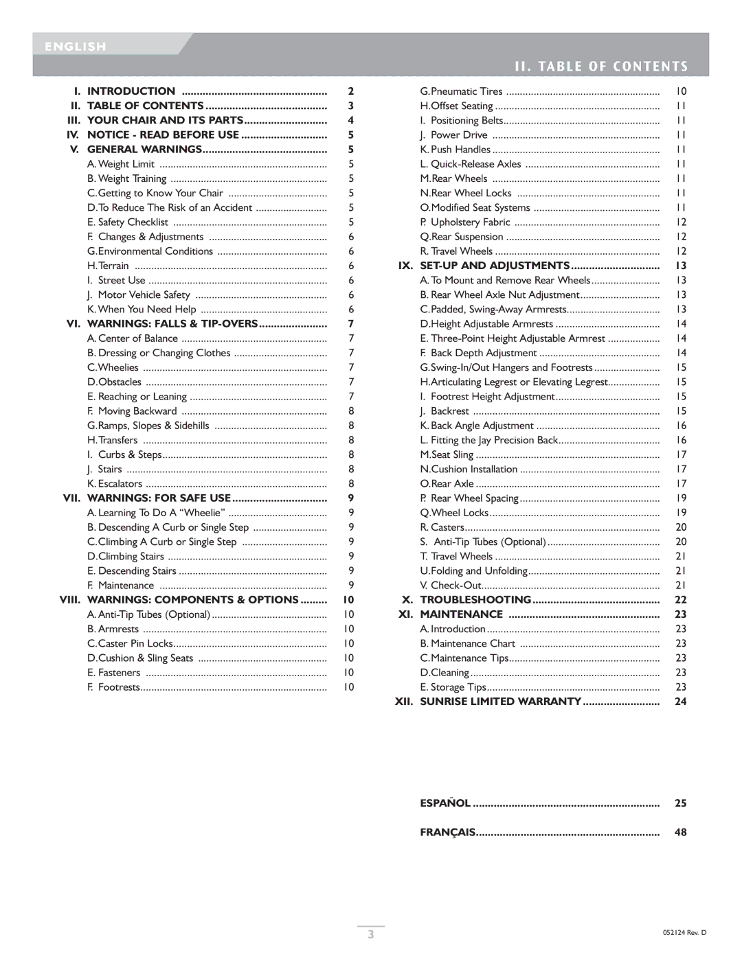 Sunrise Medical GTX owner manual II . Table of Contents 