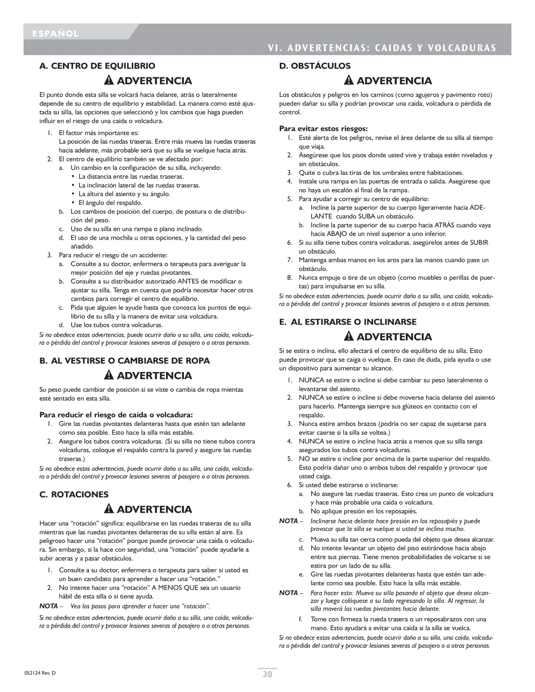 Sunrise Medical GTX owner manual VI . Advertencias Caidas Y Volcaduras 