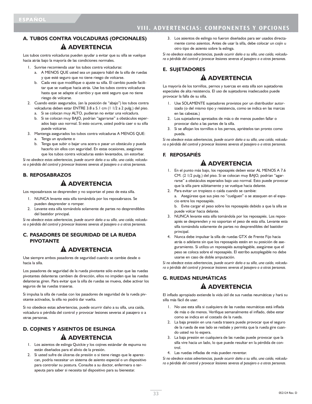 Sunrise Medical GTX owner manual Viii . Advertencias Componentes Y Opciones 