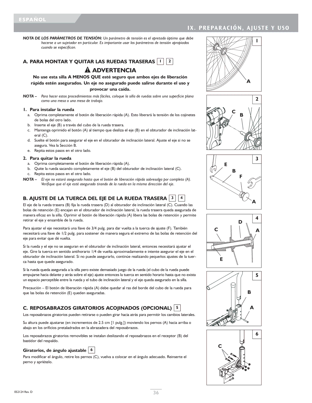 Sunrise Medical GTX owner manual IX . PREPARACIÓN, Ajuste Y USO, Para Montar Y Quitar LAS Ruedas Traseras 1 