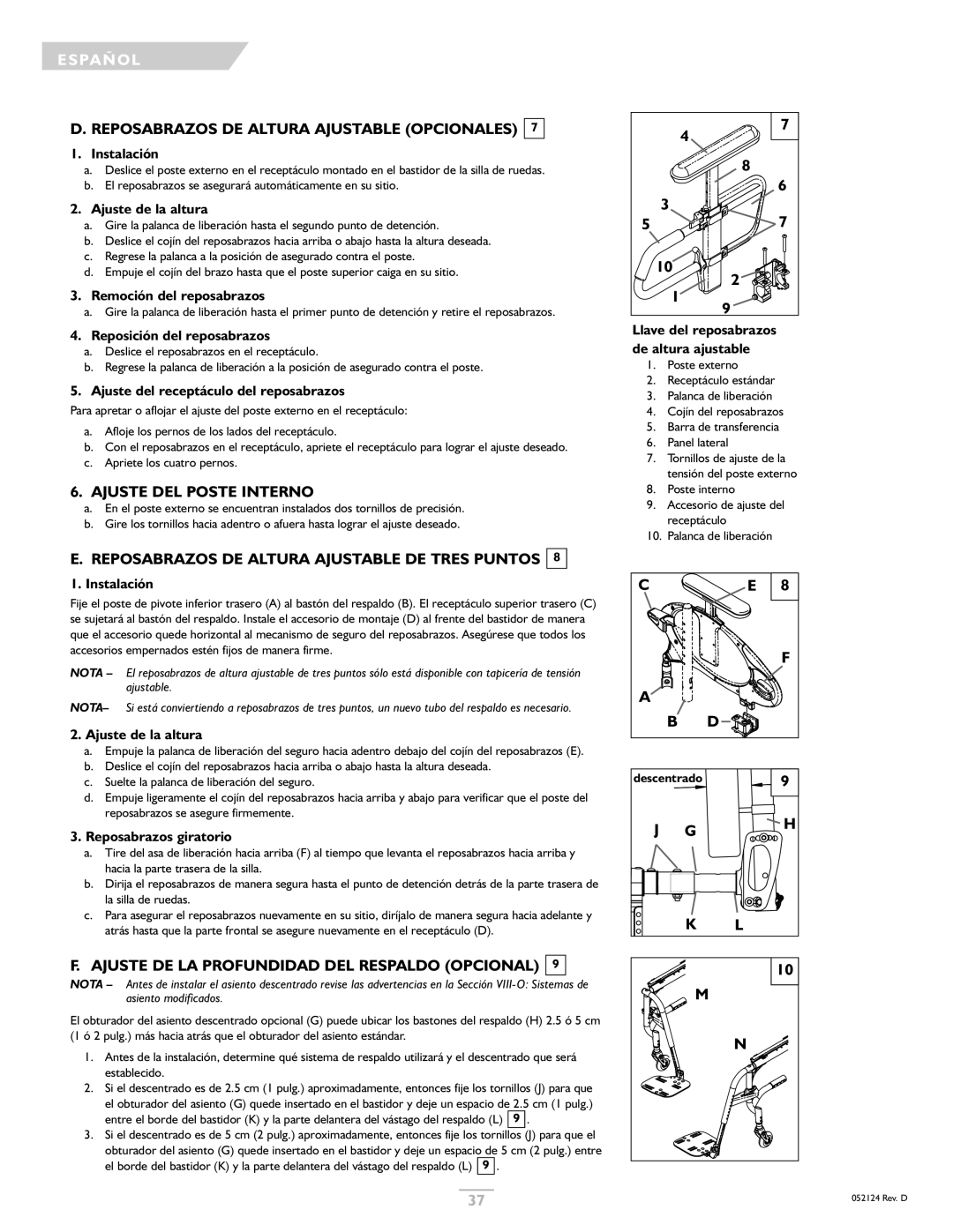 Sunrise Medical GTX owner manual Reposabrazos DE Altura Ajustable Opcionales, Ajuste DEL Poste Interno 