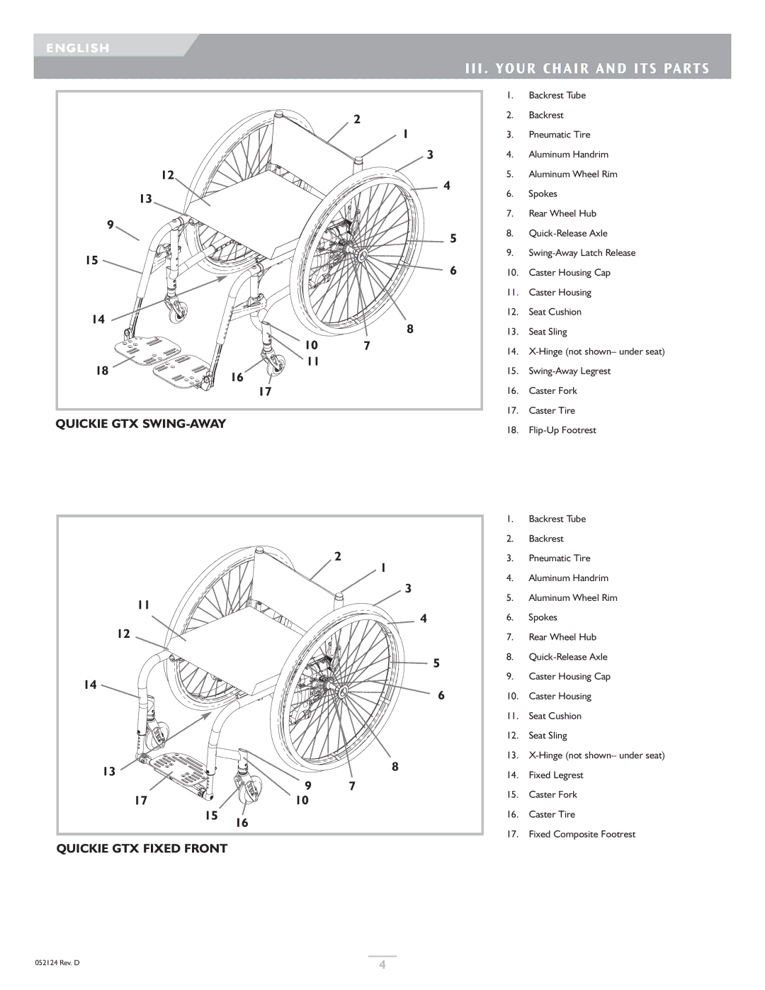 Sunrise Medical owner manual III . Your Chair and ITS Parts, Quickie GTX SWING-AWAY Quickie GTX Fixed Front 