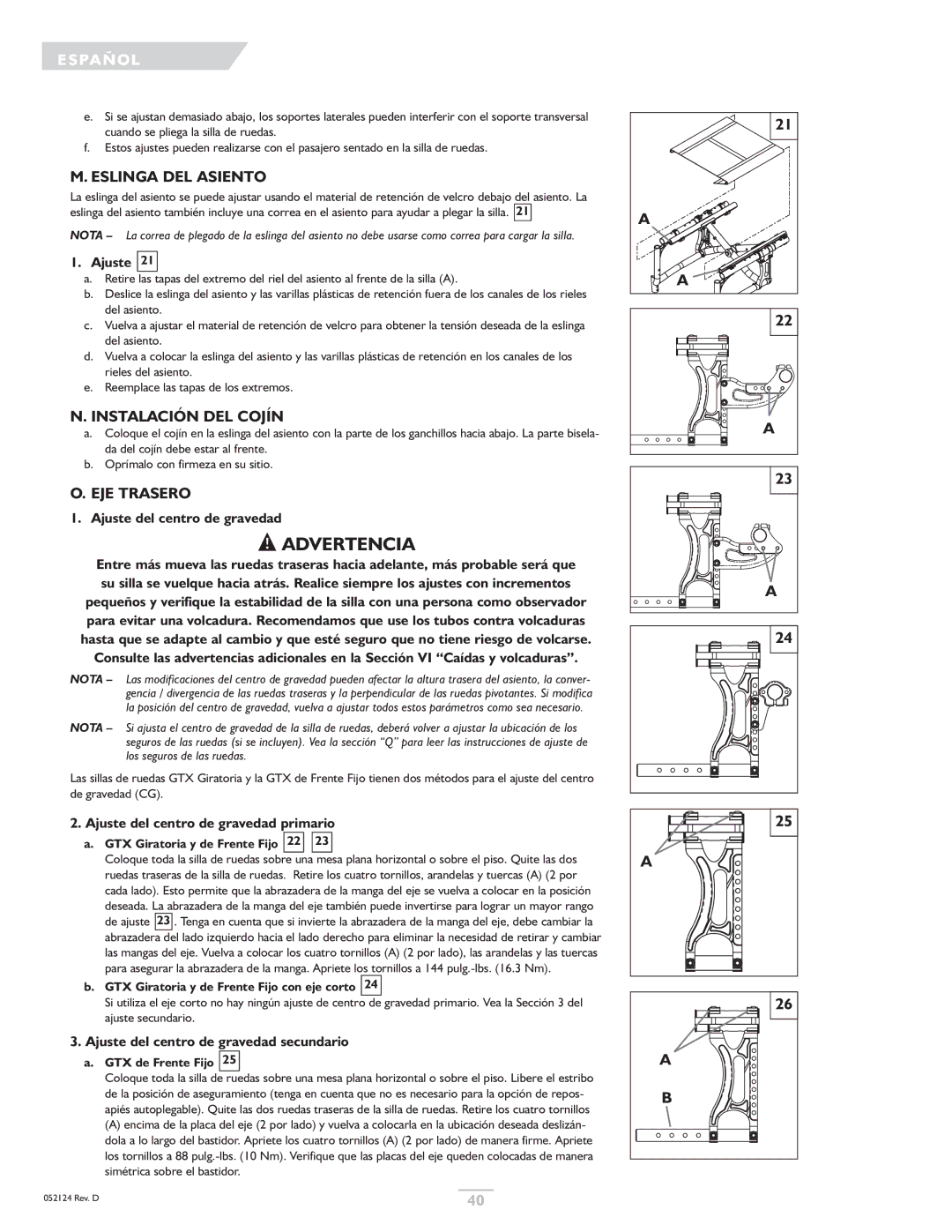 Sunrise Medical GTX owner manual Eslinga DEL Asiento, Instalación DEL Cojín, EJE Trasero 