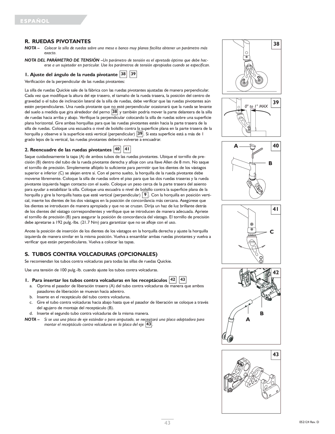 Sunrise Medical GTX Ruedas Pivotantes, Ajuste del ángulo de la rueda pivotante 38, Reencuadre de las ruedas pivotantes 40 