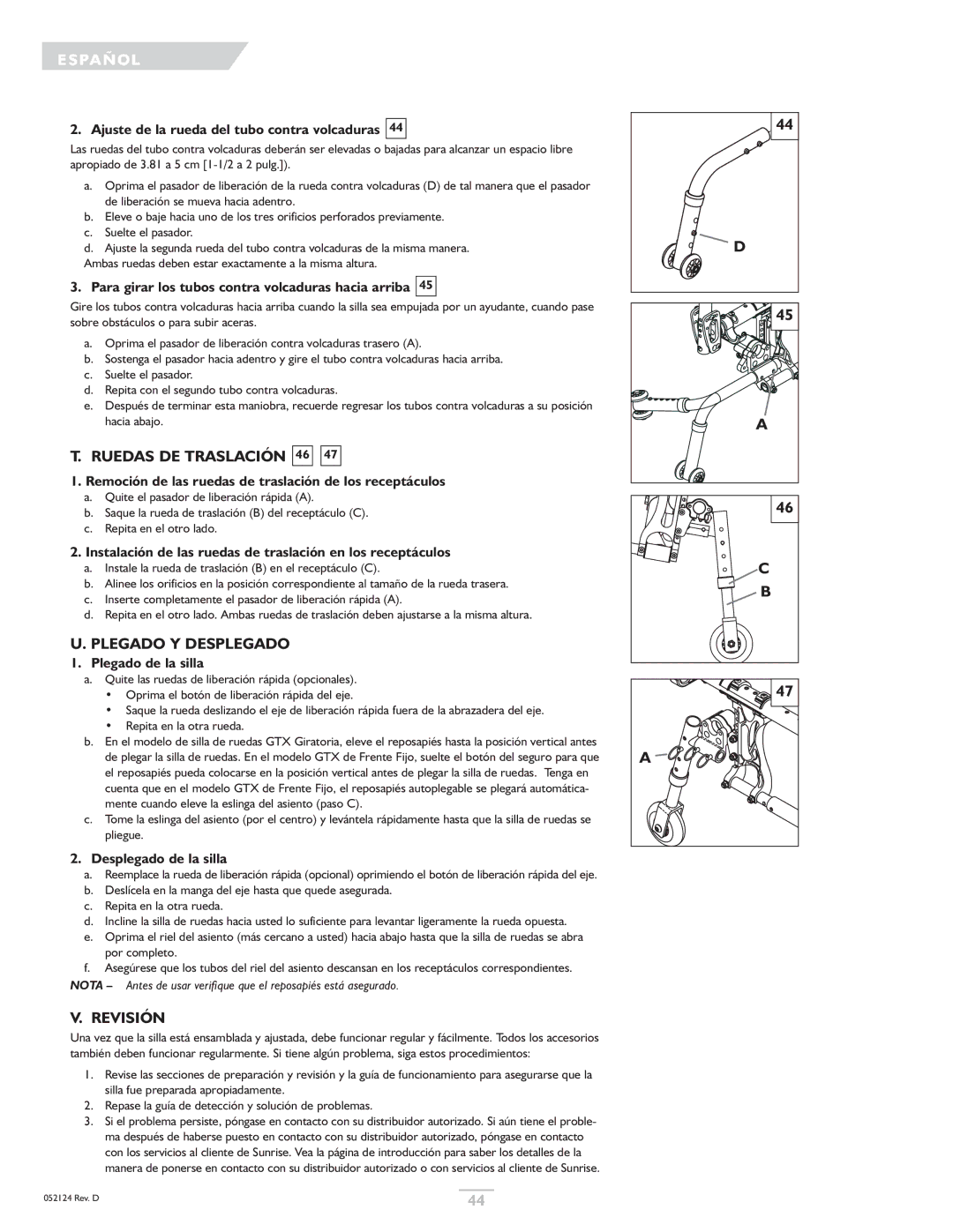 Sunrise Medical GTX owner manual Ruedas DE Traslación 46, Plegado Y Desplegado, Revisión 